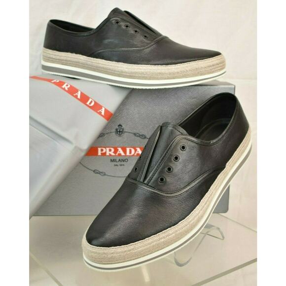 NIB PRADA BLACK AVIATOR LEATHER CONTRAST PLATFORM LACELESS SNEAKERS 11.5 US 12.5 - Picture 1 of 12